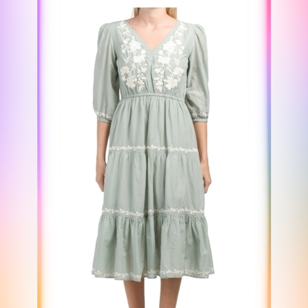 Lucky Brand Embroidered V-Neck Midi Dress in Olive Green- Size L